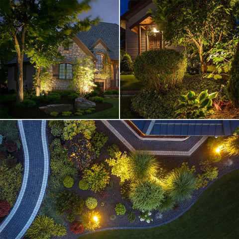 Low Voltage Outdoor Landscape Lighting 4 Pack IP65 Waterproof Path Lights For Yard Garden Lawn Plants, illuminated at night