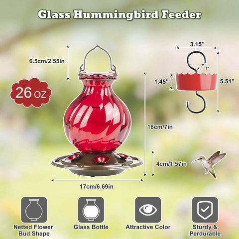 Hummingbird Feeder Glass 26 Ounces Outdoor Hanging With Ant Moat 5 Flower Ports Rustproof And Leakproof Netted Flower Bud Bottle Red US Patent Design Keeps Bees And Ants Out For Real