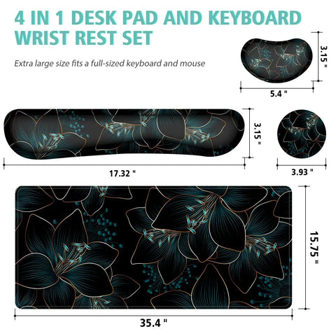 Extended Keyboard And Mouse Pad Set With Keyboard Wrist Rest, Mouse Wrist Rest And Coaster, Large Floral Desk Mat For Desktop Or Laptop, 35.4 By 15.7 Inches, Perfect For Gaming And Your Office Setup showing dimensions and floral design.