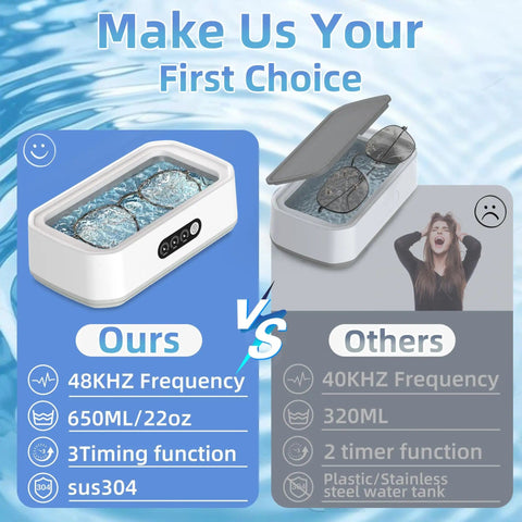Comparison showing High Powered Ultrasonic Jewelry Cleaner 40W 49000 Hz 360 Degree Deep Cleaning 22oz against another model