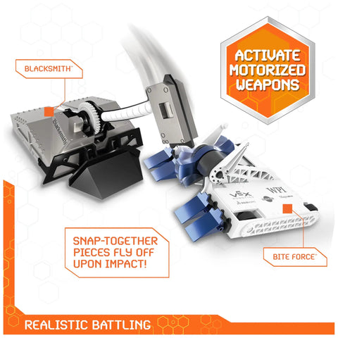 Hella Entertaining BattleBots Arena Remote Control Robot Building Kit With Twenty Plus Pieces Boss Level STEM Project For Girls Boys Seven Plus Totally Sick Combat Action Set with Blacksmith and Bite Force bots.
