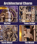London Themed 3D Wooden Marble Run Puzzle for Adults, 431 Piece DIY Construction Kit With Movable Double Decker Bus And Big Ben, Brain Teaser Gift for Teens And Adults; wooden model with Big Ben, Tower Bridge and ferris wheel