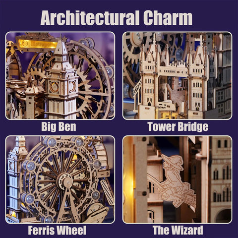 London Themed 3D Wooden Marble Run Puzzle for Adults, 431 Piece DIY Construction Kit With Movable Double Decker Bus And Big Ben, Brain Teaser Gift for Teens And Adults; wooden model with Big Ben, Tower Bridge and ferris wheel