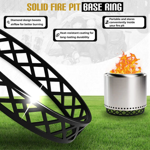 Close-up of smokeless fire pit accessories set showing solid base ring with diamond design and a small lit fire pit in a backyard.