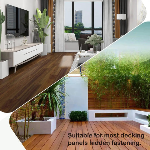 Living space with brown flooring and outdoor patio featuring seamless boards, showcasing Top Shelf Hidden Deck Fasteners With Heavy Duty Stainless Steel Screws And Precision Drill Bits Weather Resistant Seamless Composite Board Installation Zero Fuss Outdoor Patio Upgrade.