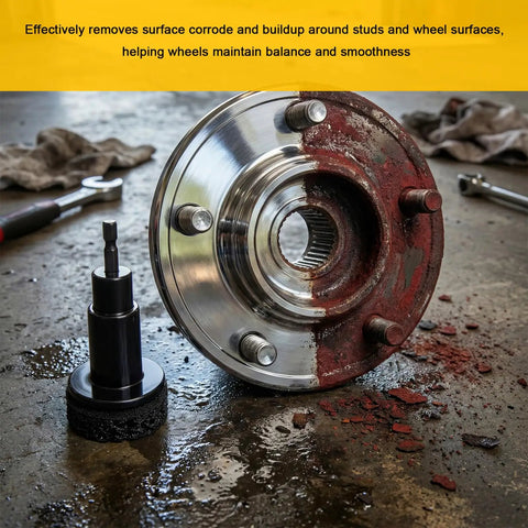 Grease Monkey Approved Wheel Hub Cleaning Kit With Drill Adapter And Seven Abrasive Pads For Knocking Out Rust On Lug Studs And Rotor Faces To Keep Rims Snug While Ensuring Rock Solid Fitment Every Single Time with corrosion removal tool and clean hub.