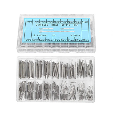 Watch Band Pins Kit With 360 Pieces Stainless Steel Spring Bars And Cotter Pins 18 Sizes 6mm To 23mm Labeled Storage Box DIY Watch Repair Gear For Enthusiasts And Pros, clear box
