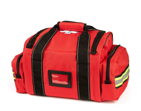 Scherber red first responder medical bag, front view with black handles, ID window, reflective side pocket