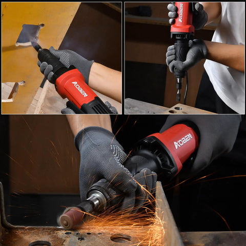 Top Tier 1/4 Inch Electric Die Grinder Pulling 28000 RPM With Rubber Grip Handle in use for metal polishing and grinding.