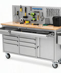 Heavy Duty Rolling Tool Chest With Ball Bearing Slides And Rock Solid Steel Workbench Storage Rack with open drawers and tools organized overhead.