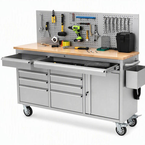 Heavy Duty Rolling Tool Chest With Ball Bearing Slides And Rock Solid Steel Workbench Storage Rack with open drawers and tools organized overhead.