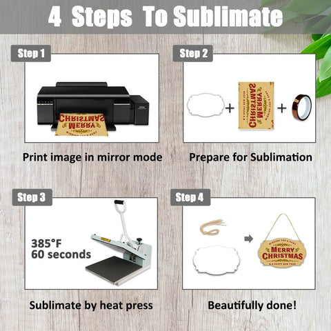 Four steps to sublimate on Six Pack 8 Inch Sublimation Metal Sign Blanks For Door Hangers And Address Plaques Aluminum Double Sided Printable Wall Ornaments With Jute Rope For Heat Press DIY Craft Decor Vintage Oval, including heat press instructions.