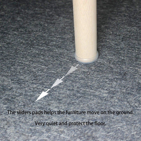 Round Furniture Sliders 1 1/8 Inch Glides 16 Pack PTFE Bottom Shields under a chair leg on carpet for easy movement.