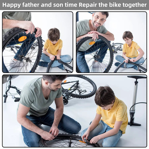 Father and son using Tire Repair Kit For Bikes And Motorized Rides With Glueless Patches And Vulcanizing Patches Metal Rasp Levers