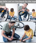 Father and son using Ultimate Bike Tire Patch Kit With 24 Vulcanized Patches Three Patch Sizes 2.15 1.47 1.18 Inch Sandpaper And Metal Rasp In A Portable Case For Cycling Motorcycles BMX And ATVs Fix Flat Inner Tubes Fast No More Flats to repair a bicycle tire.