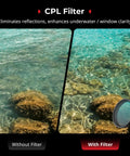 ND Filter And CPL Kit For DJI Osmo Action 5 Pro And Action 4 With 5 Pack FS ND8 ND16 ND32 Filters Snap On Lens Cover HD Optical Glass Multi-Coated showing underwater clarity improvement with CPL filter.