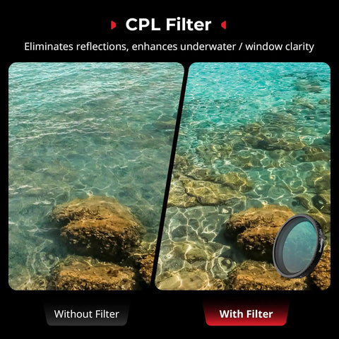 ND Filter And CPL Kit For DJI Osmo Action 5 Pro And Action 4 With 5 Pack FS ND8 ND16 ND32 Filters Snap On Lens Cover HD Optical Glass Multi-Coated showing underwater clarity improvement with CPL filter.