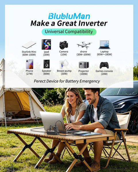 Plug Straight Into Your Ride With This Dope 300W Car Power Inverter Designed For Starlink Mini Users Plus Dual 110V AC Outlets Quick Type C Charging USB Ports And A Smart Digital Meter That Keeps Your Daily Commute Vibes Totally Smooth Today, compact inverter with laptop, camping setup.
