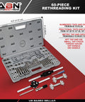 Metric And SAE Tap And Die 60-Piece Rethread Set in open case showing various taps and dies with labeled compartments.
