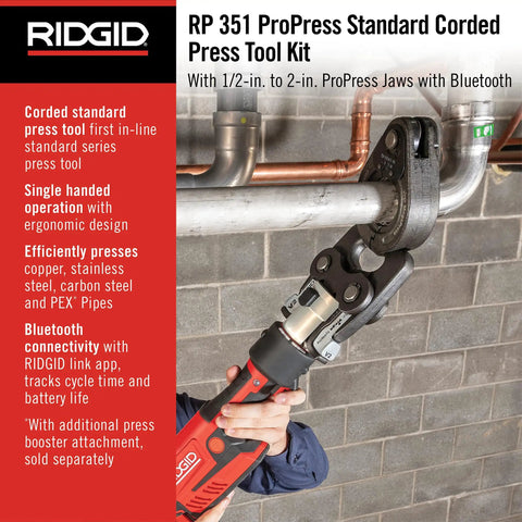 Corded ProPress Standard Tool Kit With 1/2 To 2 Inch Jaws Case And Attachments Brushless Motor Delivers Over 100000 Presses A Real Workhorse Compatible With All Standard Series Jaws pressing a pipe.