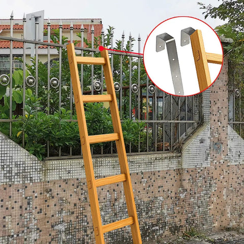 Heavy Duty Stainless Steel Bunk Bed Ladder Hooks Swivel Brackets With Super Tight Grip Lock In Design Anti Rust Flexible Rotation Top Shelf Bed Frame Clamps Set detailed on a ladder against a fence.
