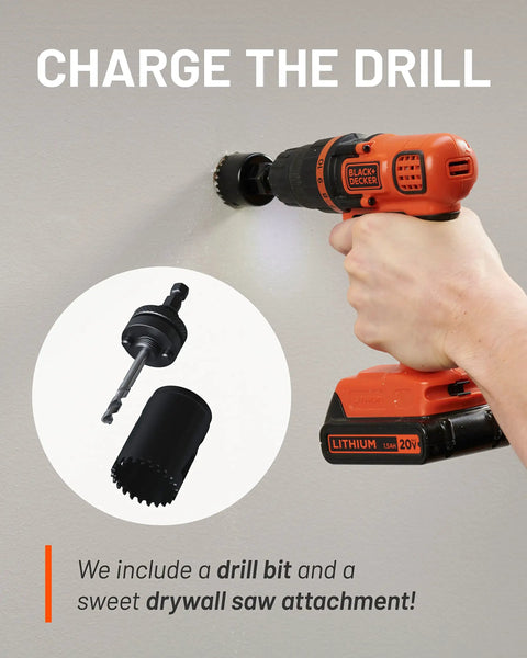 Using a drill on a wall next to a drill bit and drywall saw attachment for 2.25-Inch Mini Cord Hiders For Wall Cable Management Conceal