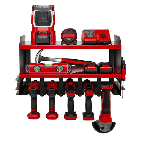 Heavy Duty Wall Mounted Power Tool Organizer With Drill Holder, Garage Storage Rack, 2 Shelves, 5 Drill Slots, Holds 14 Jobber Bits, Red