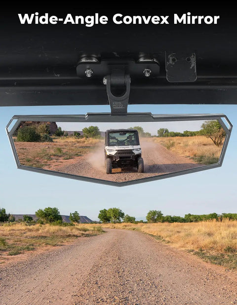 Upgraded Top Heavy Duty Magnetic Rear View Side Mirror With Wide Angle Hd Convex Lens For Golf Carts Forklifts And Utv Rides Featuring Secure Clip Mount, showing clear view behind a UTV.