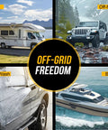 Collage of images showing an RV, off-road vehicle, car wash, and boat, highlighting uses for 12V RV Water Pump Diaphragm 4 GPM At 45 PSI Quiet Fresh Water Pump With Pressure Switch Self Priming For RV Camper Boat Marine And Food Truck Off Grid Ready No Fuss Quiet Operation.