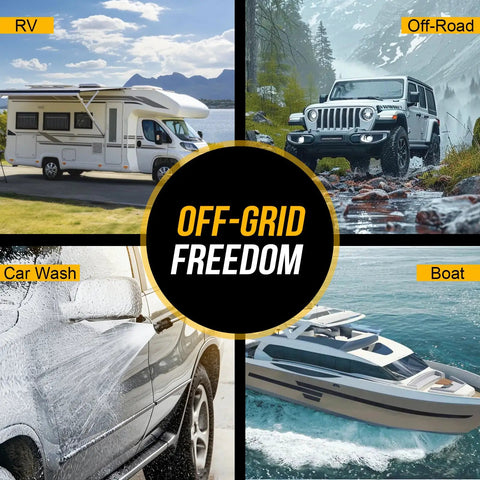 Collage of images showing an RV, off-road vehicle, car wash, and boat, highlighting uses for 12V RV Water Pump Diaphragm 4 GPM At 45 PSI Quiet Fresh Water Pump With Pressure Switch Self Priming For RV Camper Boat Marine And Food Truck Off Grid Ready No Fuss Quiet Operation.