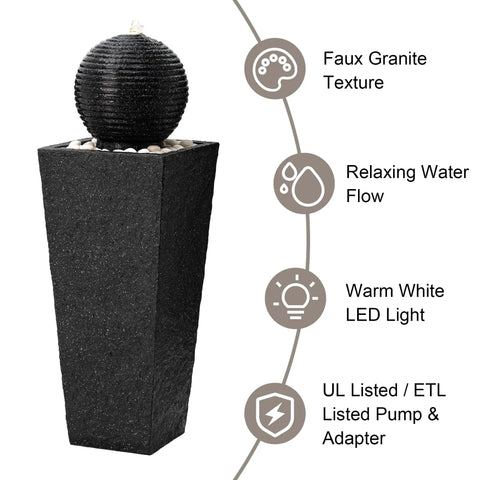 Outdoor LED Light Water Fountain With Submersible Pump Black Pedestal Modern Sphere Floor Fountain For Patio And Garden Decor Pebble Base Weatherproof Polyresin Construction 40 Inch High Yard Vibe
