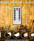 200 LED Curtain String Lights For Indoor Outdoor Use With 8 Modes And Timer Warm White Fairy Lights on window backdrop with remote