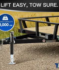 Rugged 8000 Pound Pipe Mount Tongue Jack With 15 Inch Lift And Adjustable Drop Leg Swivel Weld On Trailer Jack in use on trailer