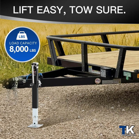 Rugged 8000 Pound Pipe Mount Tongue Jack With 15 Inch Lift And Adjustable Drop Leg Swivel Weld On Trailer Jack in use on trailer