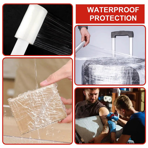 Heavy Duty Clear Stretch Wrap Film With Built In Handle, Smooth Roll Polyethylene Pallet Wrap, 4.7 X 492 Feet, waterproof protection in use.