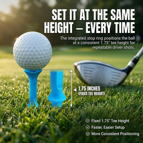 Stepped Golf Tees Set 110 Count Plastic Tees With Fixed Height Stops shown with golf ball and driver on grass
