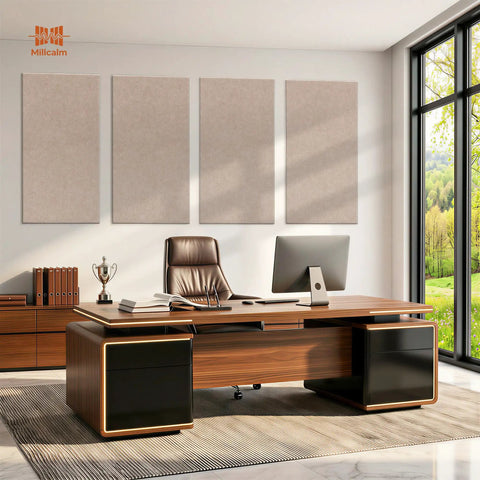 Oversized Self Adhesive Acoustic Wall Panels Made From Dense Polyester Fiber For Quiet Room Treatment And Bass Absorption Suitable For Home Studios Or Living Areas Delivers Premium Camel Color Paired With Quick Peel Stick Two Pack That Truly Slaps in modern office setting.