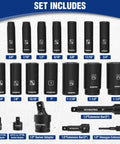 Half Inch Drive Deep Impact Socket Set with 6 Point Cr V Steel Sockets in SAE and Metric Sizes 10 to 27 mm Includes Universal Joint Adapters
