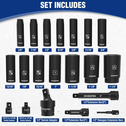 Half Inch Drive Deep Impact Socket Set with 6 Point Cr V Steel Sockets in SAE and Metric Sizes 10 to 27 mm Includes Universal Joint Adapters
