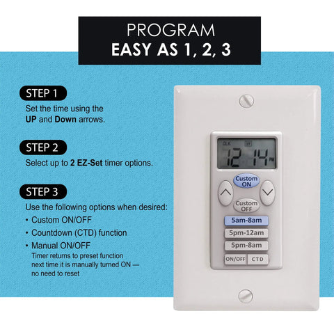 Close-up of Two Pack In Wall Digital Timer Switch With Three Preset Times And One Custom Program For Outdoor Lights.