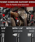 Extended 18V Cordless Ratchet Wrench With 4 Inch Neck 550 RPM 40 Ft Lbs Torque Includes Two 2000mAh Batteries And Charger 8 Socket Set Easy Access Power Tool For Tight Spots shown in automotive use