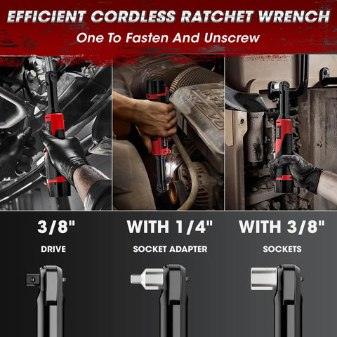 Extended 18V Cordless Ratchet Wrench With 4 Inch Neck 550 RPM 40 Ft Lbs Torque Includes Two 2000mAh Batteries And Charger 8 Socket Set Easy Access Power Tool For Tight Spots shown in automotive use