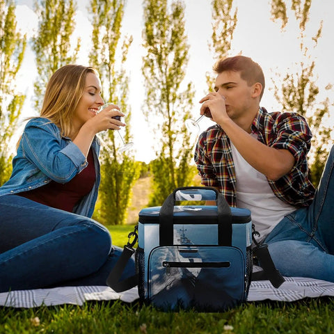 Couple enjoying drinks with Portable Soft Cooler Bag For Camping And Beach Trips Leakproof Insulated Ice Chest With 22L Capacity