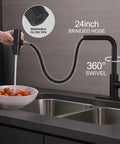 Slick Matte Black Waterfall Kitchen Faucet With Pull Down Sprayer And Matching Soap Dispenser Straight Up Versatile Three Function Stream Spray Mode Top Shelf Kitchen Sink Fixture in use with 360° swivel and braided hose.
