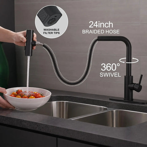 Slick Matte Black Waterfall Kitchen Faucet With Pull Down Sprayer And Matching Soap Dispenser Straight Up Versatile Three Function Stream Spray Mode Top Shelf Kitchen Sink Fixture in use with 360° swivel and braided hose.