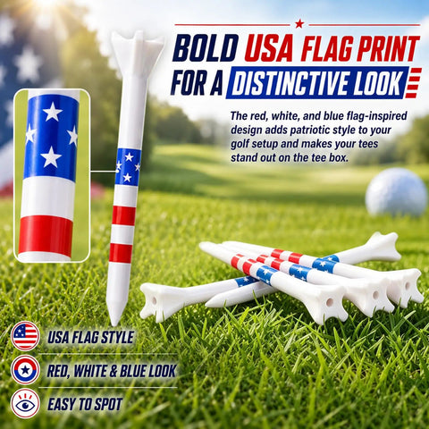 Pro Grade Golf Tees 3-1/4 Inch With 4 Prong Grip Reducing Friction Featuring USA Flag Design