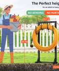 Farmer next to Rugged Heavy Duty Garden Hose Holder Reel With Four Large Hooks, freestanding in garden