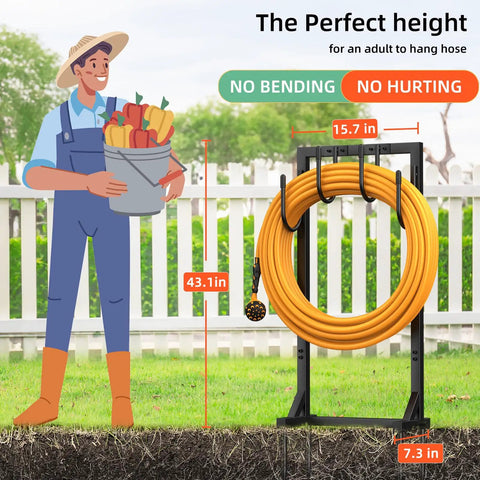 Farmer next to Rugged Heavy Duty Garden Hose Holder Reel With Four Large Hooks, freestanding in garden