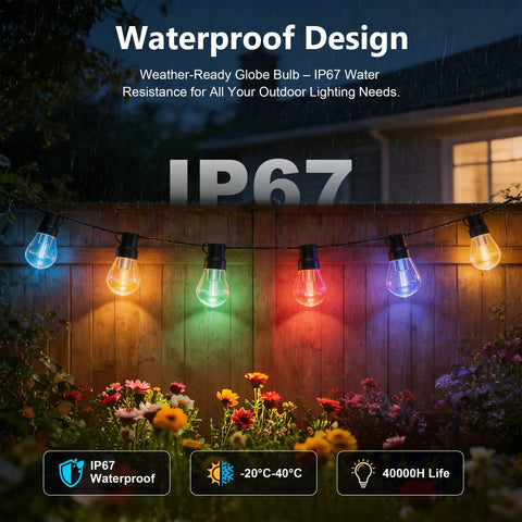 Outdoor String Lights 150Ft RGB IC Dimmable Shatterproof LED Bulbs IP67 Waterproof DreamColor Patio Strip Lights For Backyard Balcony And Outdoor Living With Chasing Effects And Music Sync Via App displayed in garden scene