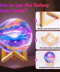 Galaxy Moon Lamp 4.8 Inch With Wood Stand, showing assembly steps for the wooden frame; colorful LED moon light display.